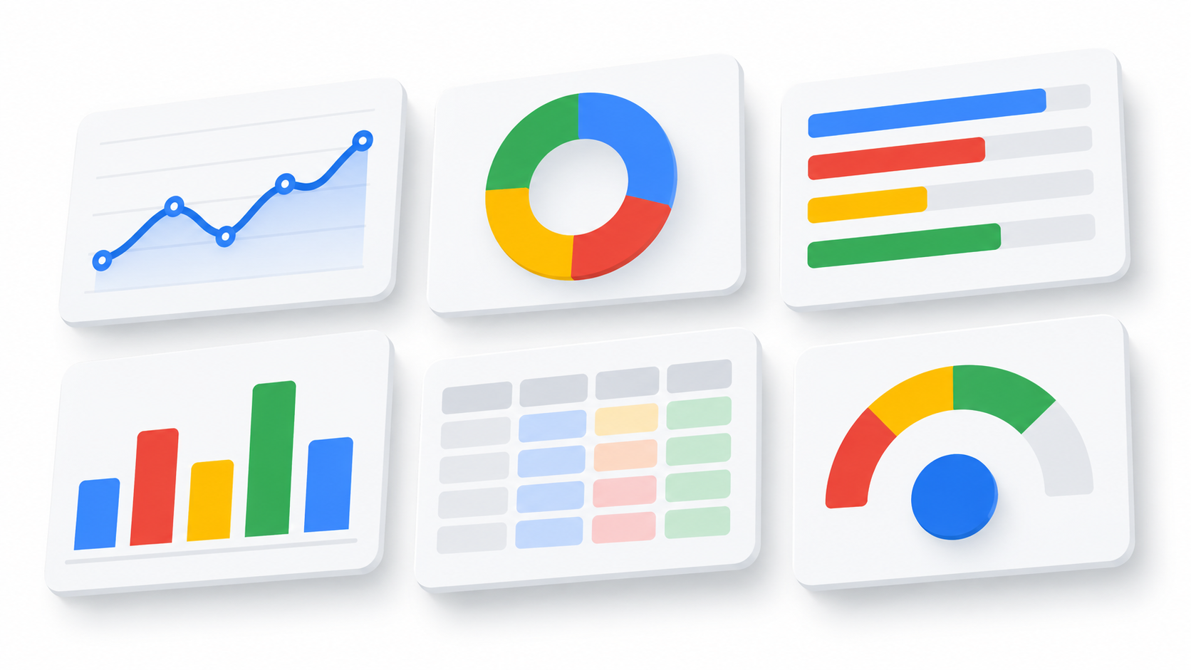 Six floating GA4 dashboard cards with different analytics charts in Google colors