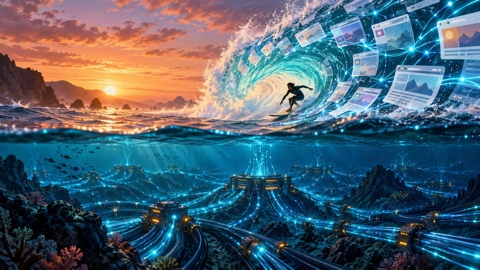 Surfer riding a wave of web pages above undersea internet cables