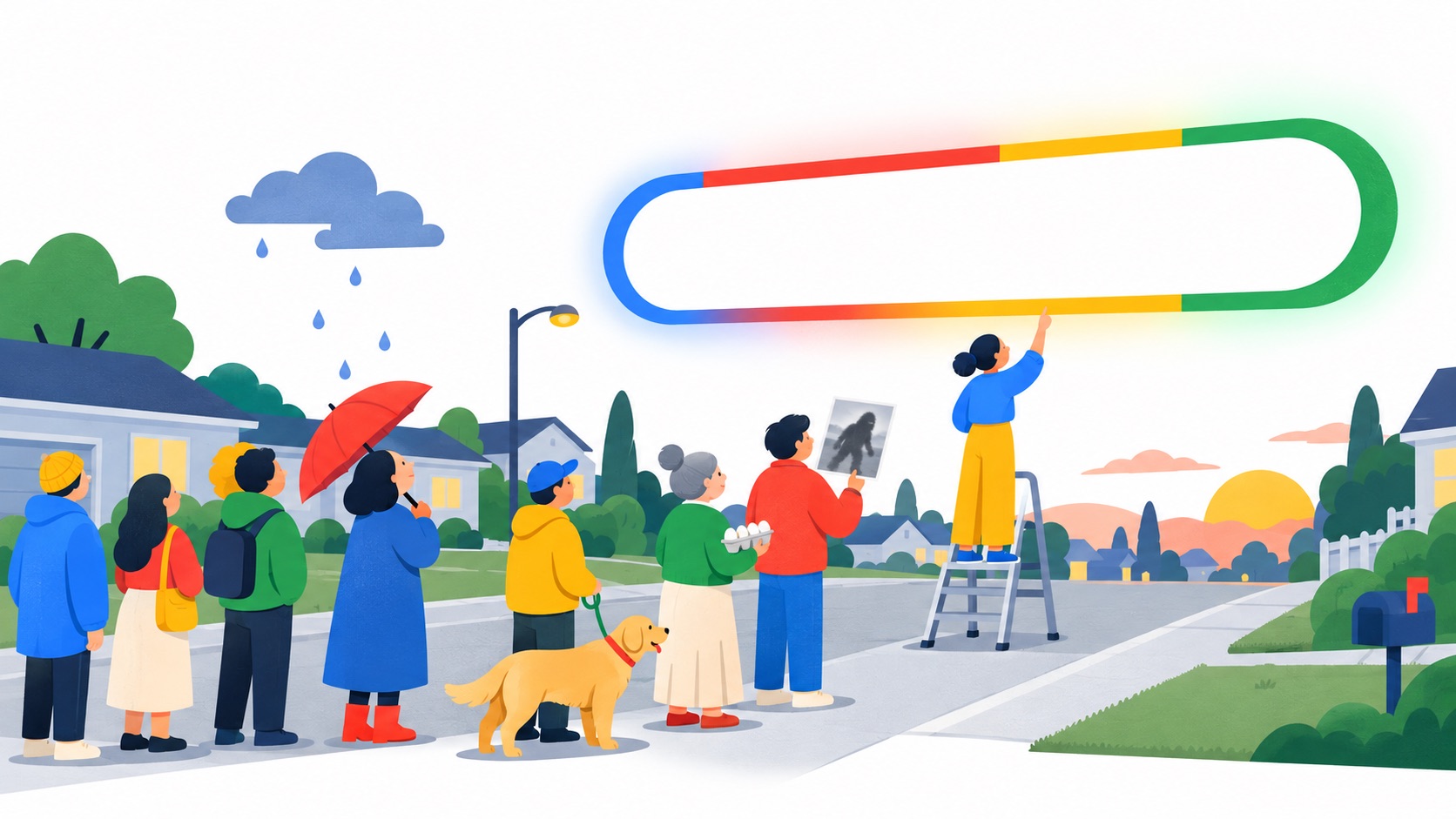 Neighbors lined up on a suburban street at dusk, one climbing a ladder to type into a giant glowing four-color search bar in the sky