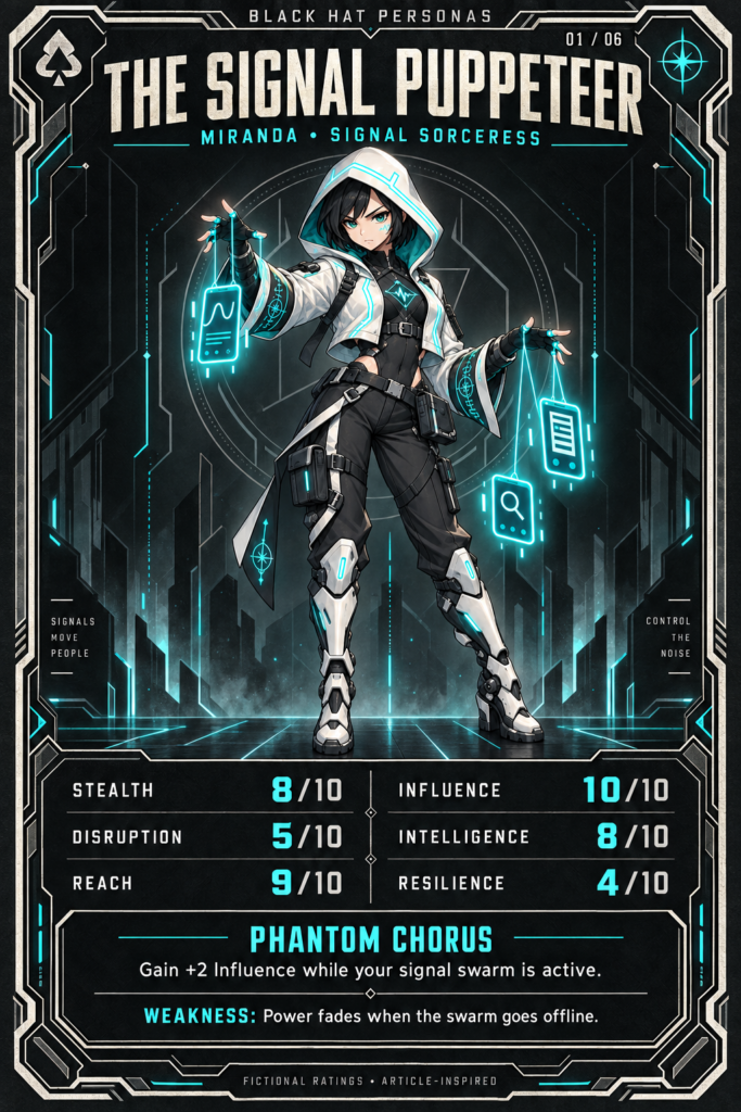 The Signal Puppeteer persona card: stats, signature power and weakness