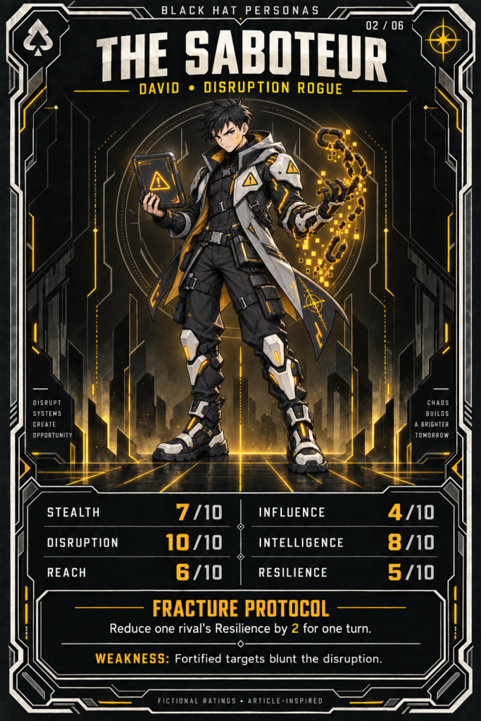 The Saboteur persona card: stats, signature power and weakness