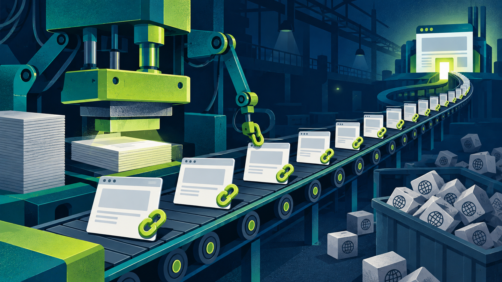 An assembly line stamping out identical spam web pages