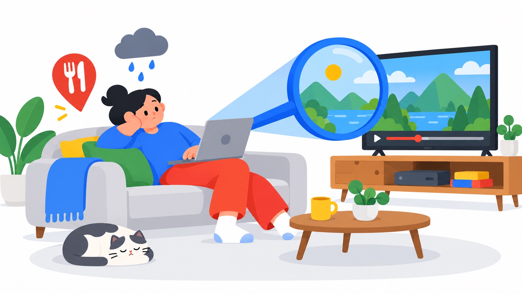 A woman on a couch with a laptop while a giant magnifying glass points back at the TV she is already watching, a rain cloud and a restaurant pin hovering nearby