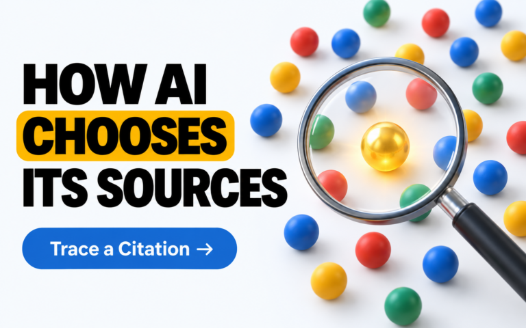 How AI chooses its sources: a magnifying glass picking one gold ball out of many colored balls