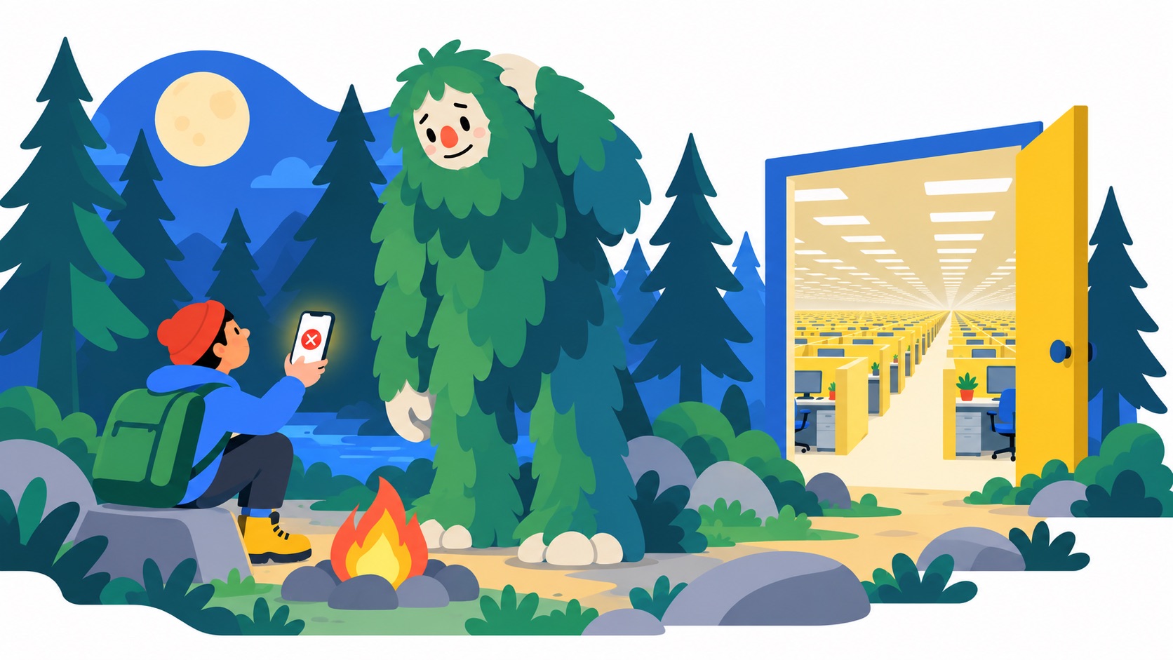 A camper's phone shows a red X while a shaggy green forest creature looms behind him, beside a doorway opening onto endless yellow office rooms