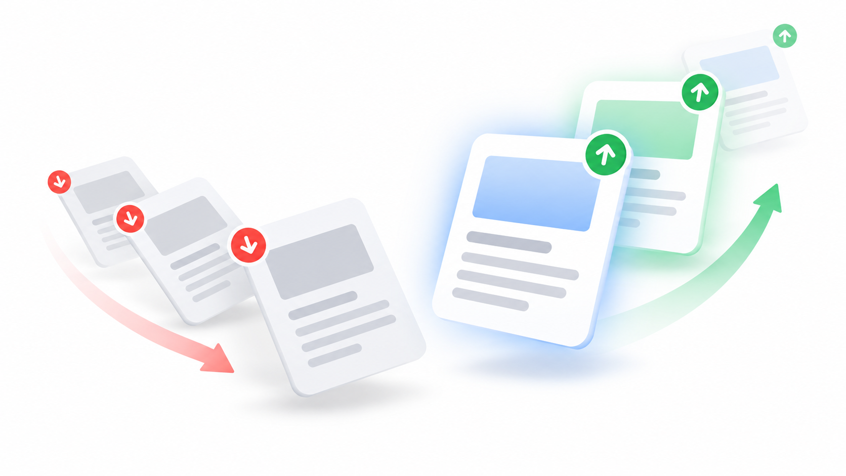 Gray article cards declining while blue and green article cards rise, showing content decay and wins