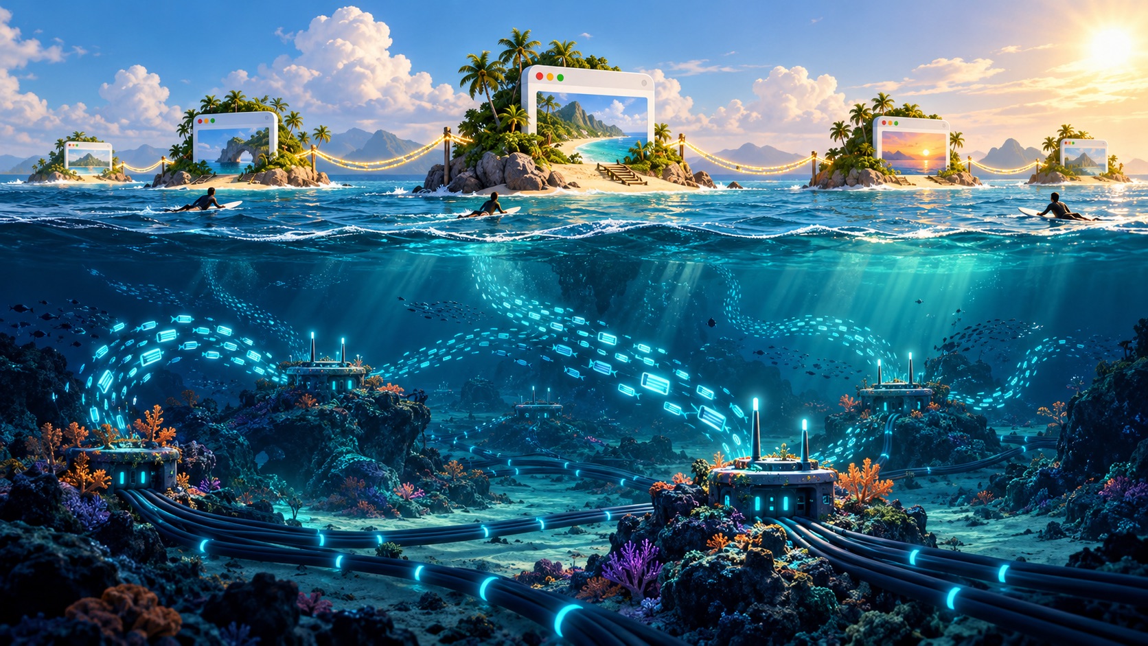 Ocean cutaway showing the Web on the surface and the Internet below