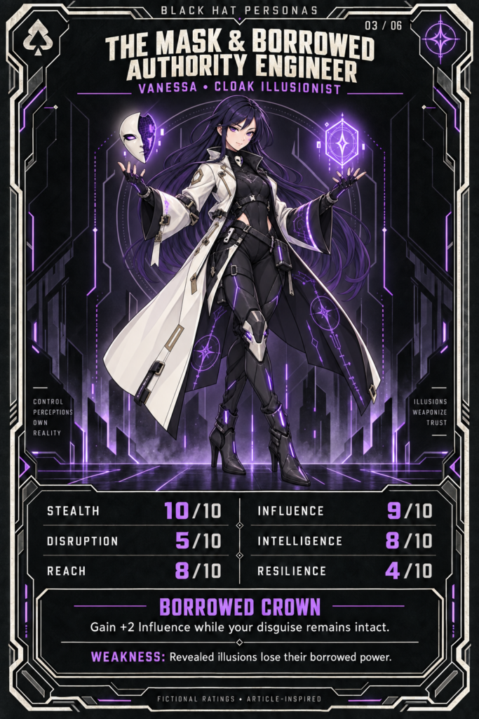 The Mask & Borrowed Authority Engineer persona card: stats, signature power and weakness