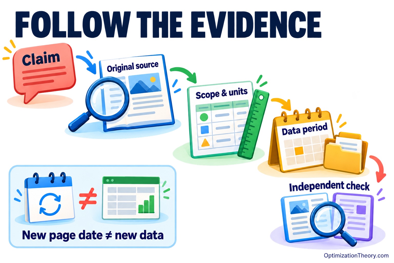 A claim follows an evidence trail through the original source, its scope and units, the data period, and an independent check. A separate calendar note distinguishes a page update from new data.