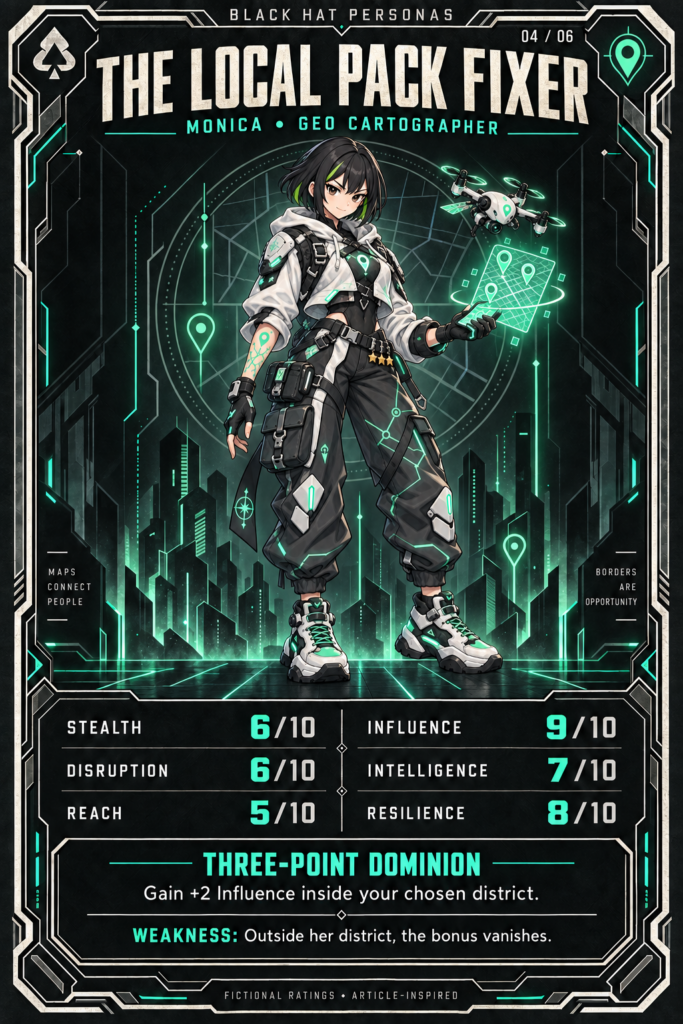 The Local Pack Fixer & Review Fabricator persona card: stats, signature power and weakness