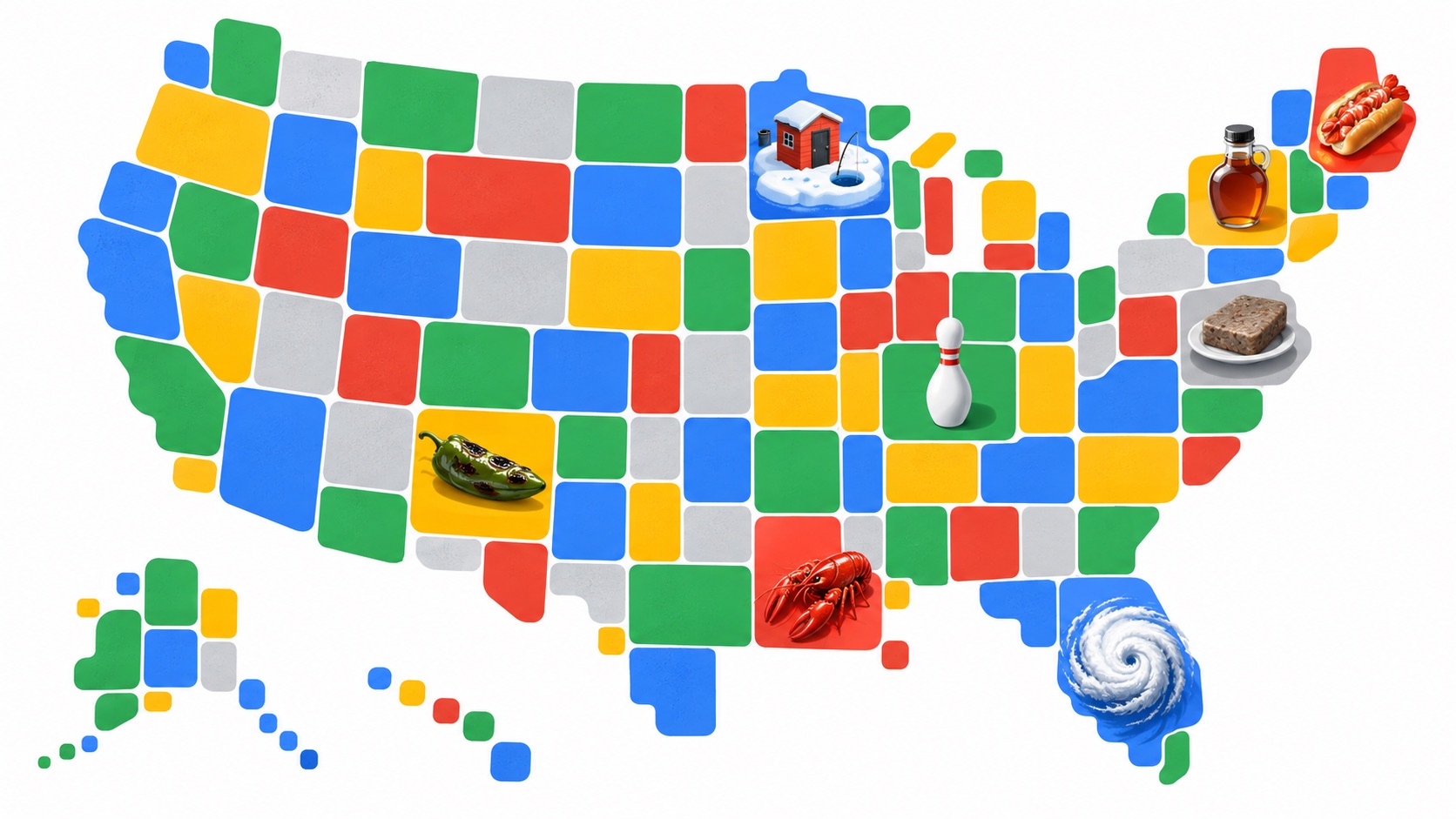 A tile map of the United States in Google colors topped with tiny objects: an ice-fishing hut, maple syrup, a lobster roll, scrapple, a bowling pin, a green chile, a crawfish and a hurricane