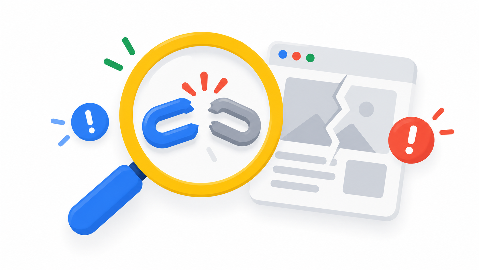 A yellow magnifying glass revealing a broken link beside a cracked webpage, representing a GA4 404 finder