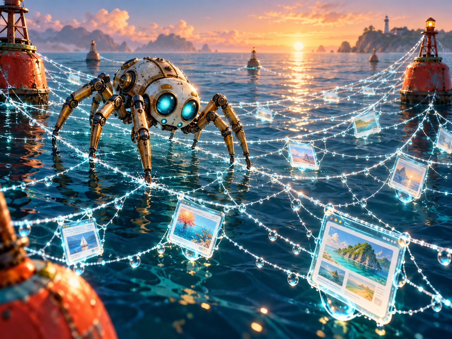 Robot spider crawling a web of hyperlinks, representing a search engine crawler