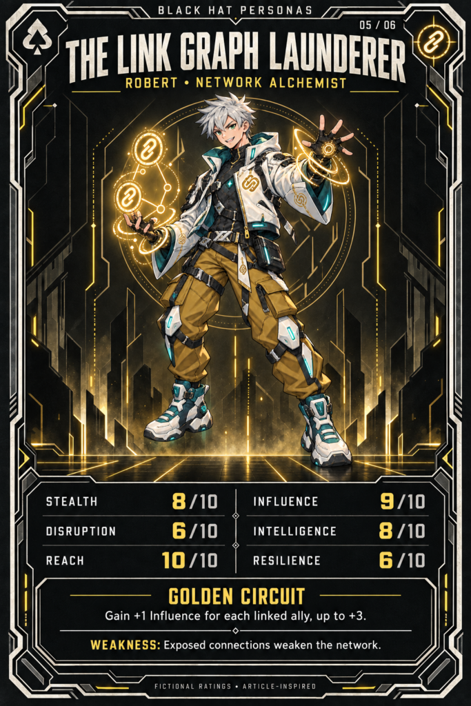 The Link Graph Launderer persona card: stats, signature power and weakness