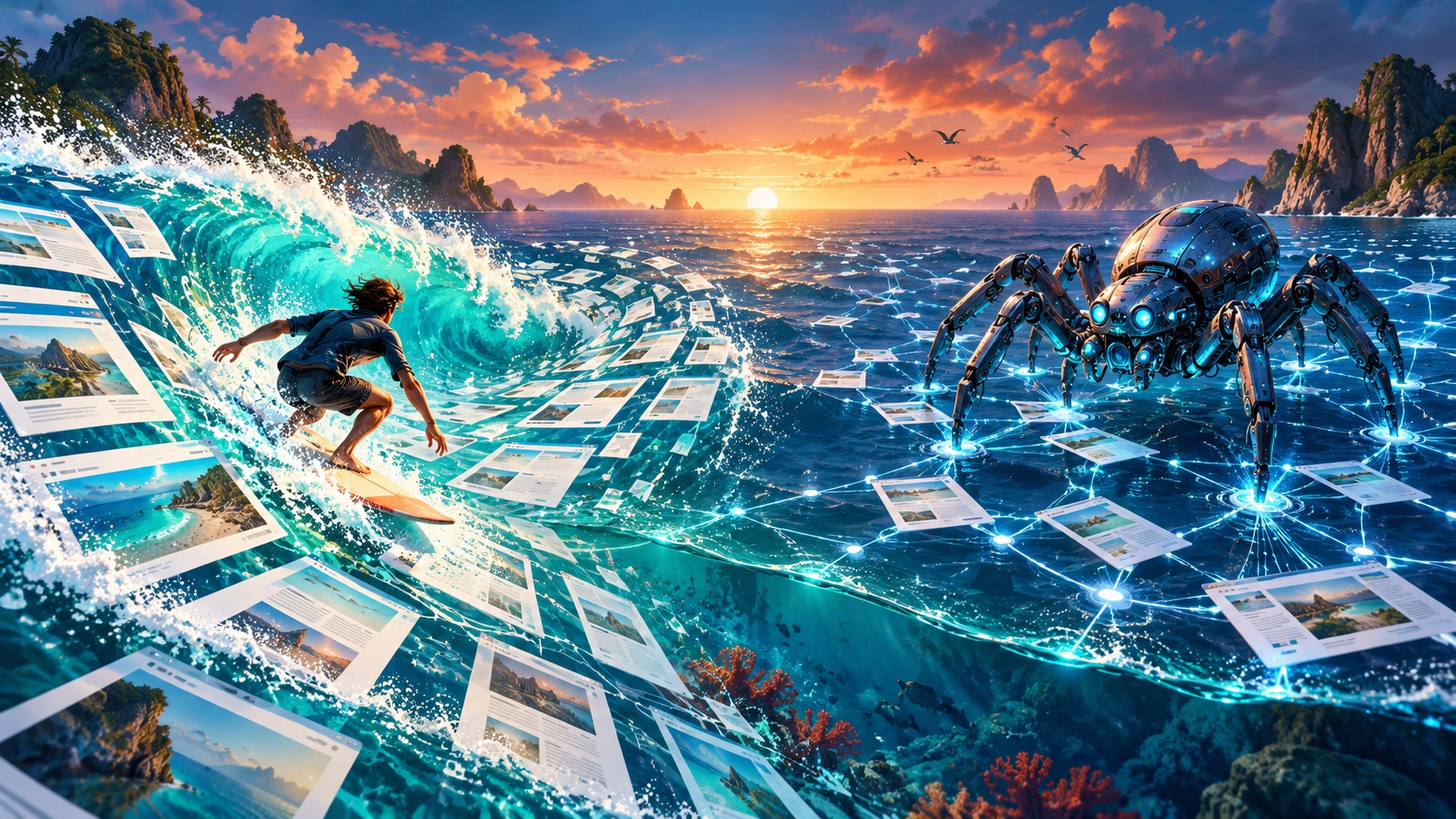 A surfer browsing the Web beside a spider crawling it