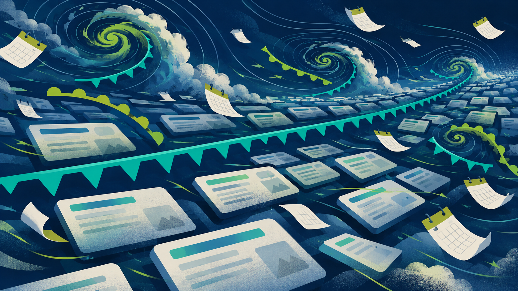 Storm fronts sweeping across a landscape of search results