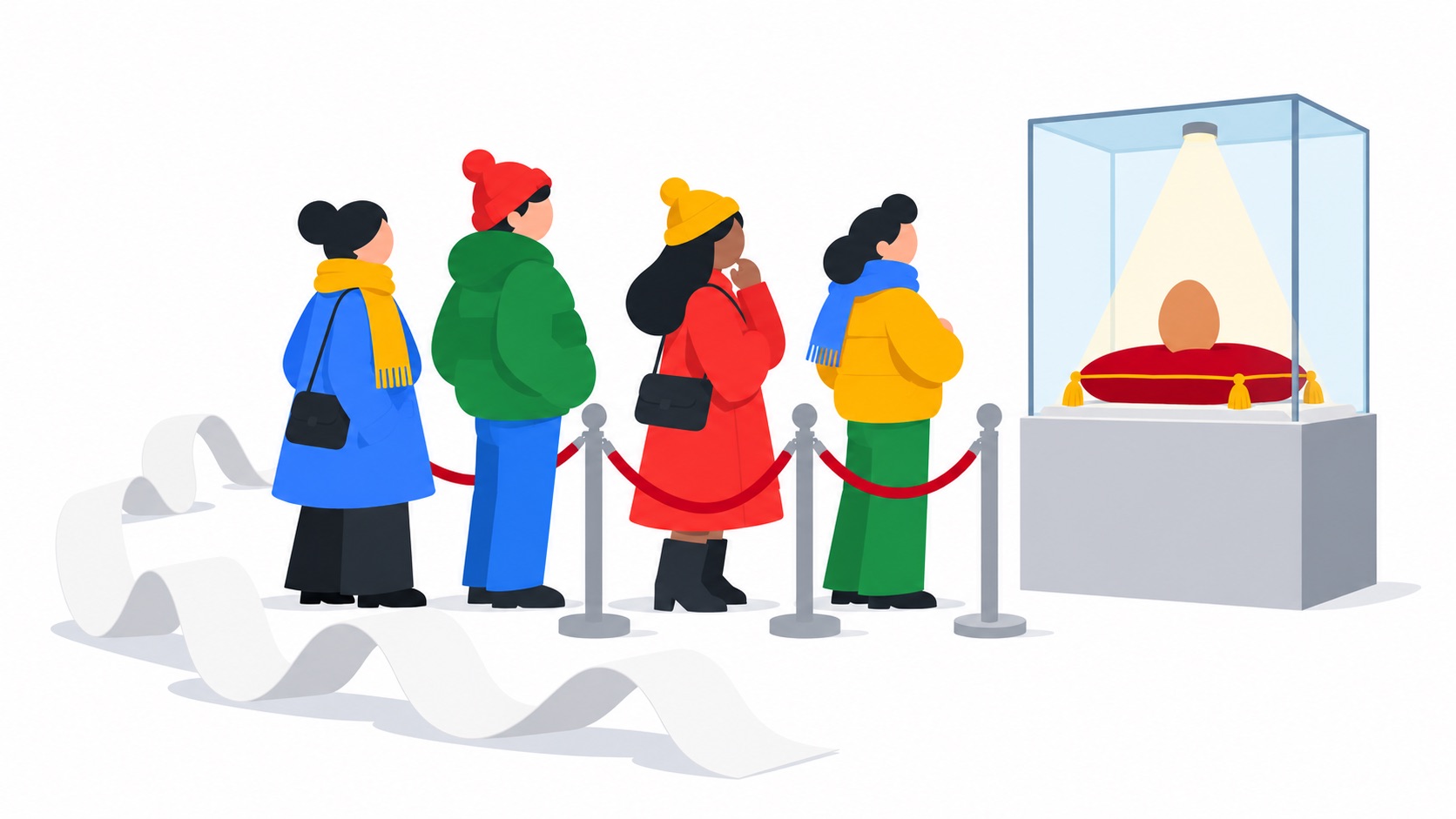 Shoppers in winter coats wait behind a velvet rope to view a single egg on a red cushion in a museum display case, a long receipt trailing across the floor