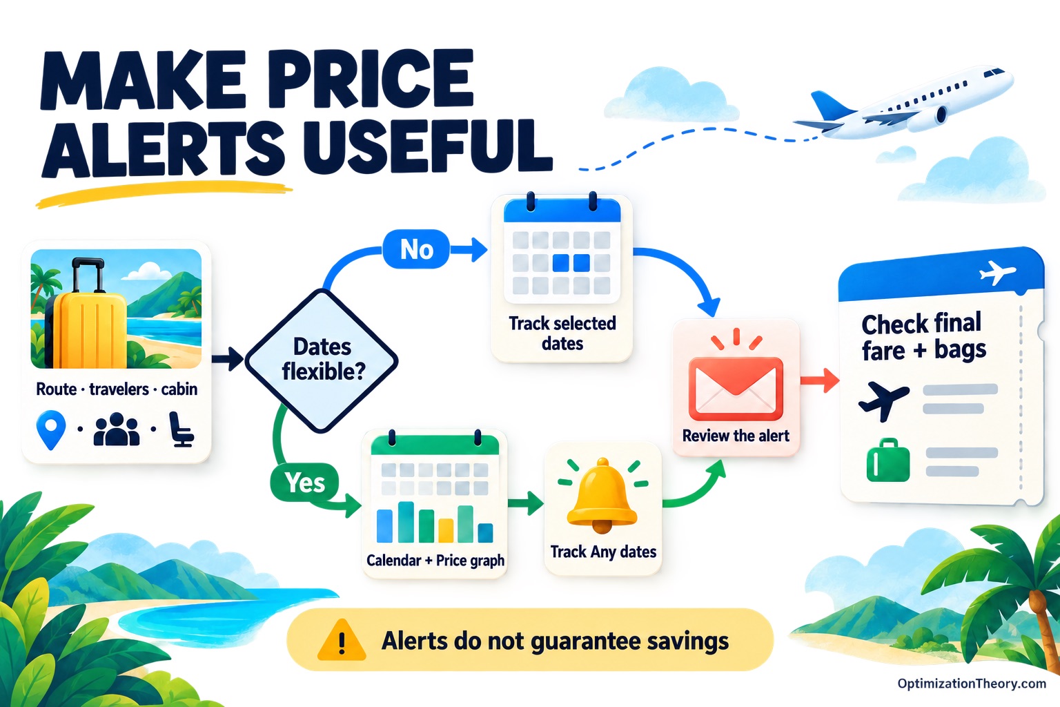 A flight-planning decision flow starts with route, travelers and cabin, then splits according to whether dates are flexible. Both paths lead to reviewing an alert and checking the final fare and baggage terms.