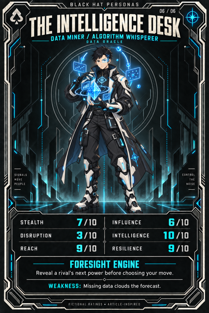 The Intelligence Desk persona card: stats, signature power and weakness