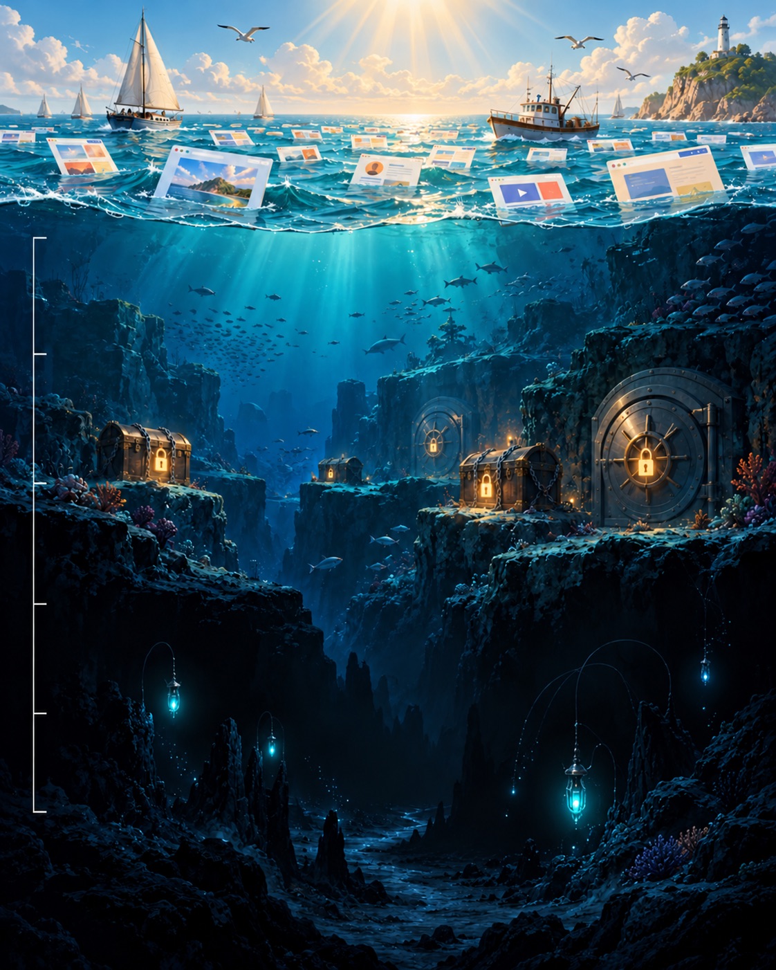 Ocean depth zones representing the surface web, deep web and dark web