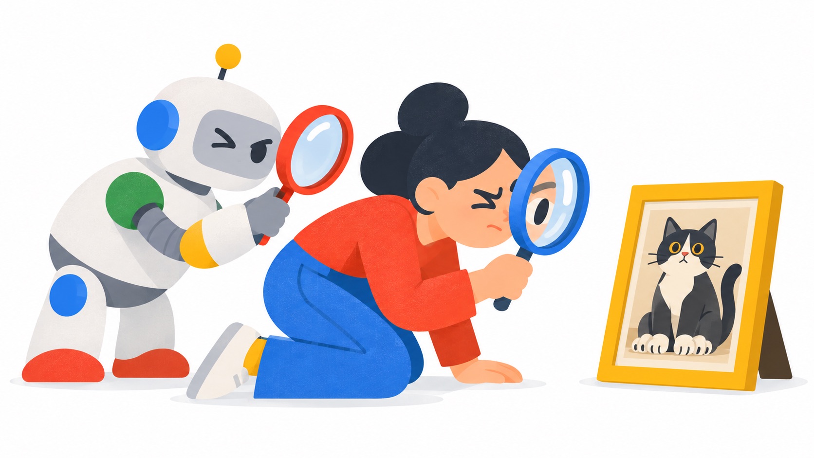 A woman inspects a framed cat photo with a magnifying glass while a robot behind her inspects her with its own magnifying glass