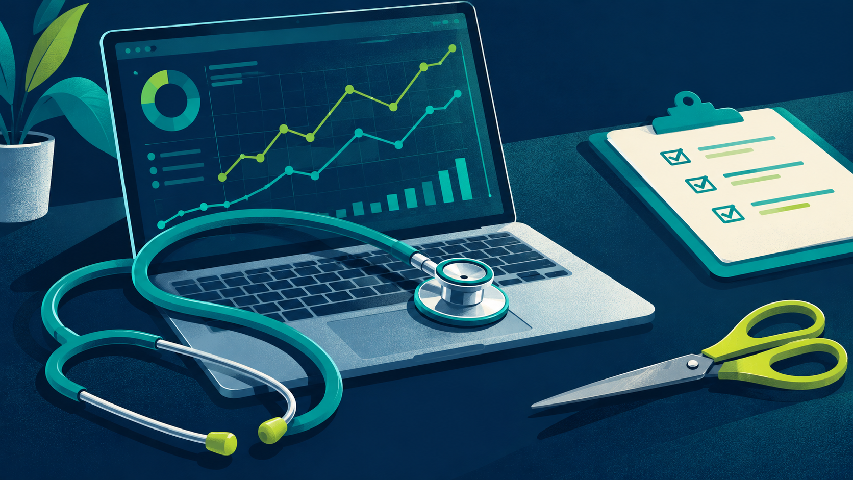 A stethoscope on a laptop of graphs with scissors set aside
