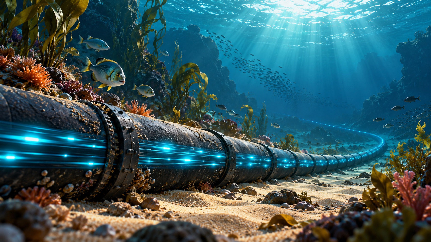 Undersea fiber optic cable carrying internet data across the ocean floor