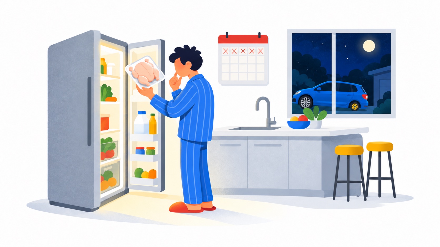 A man in pajamas studies a package of raw chicken at an open fridge at midnight, a crossed-off calendar above and a car parked outside the window