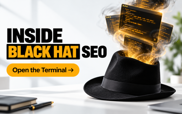 Inside black hat SEO: terminal windows rising out of a black fedora