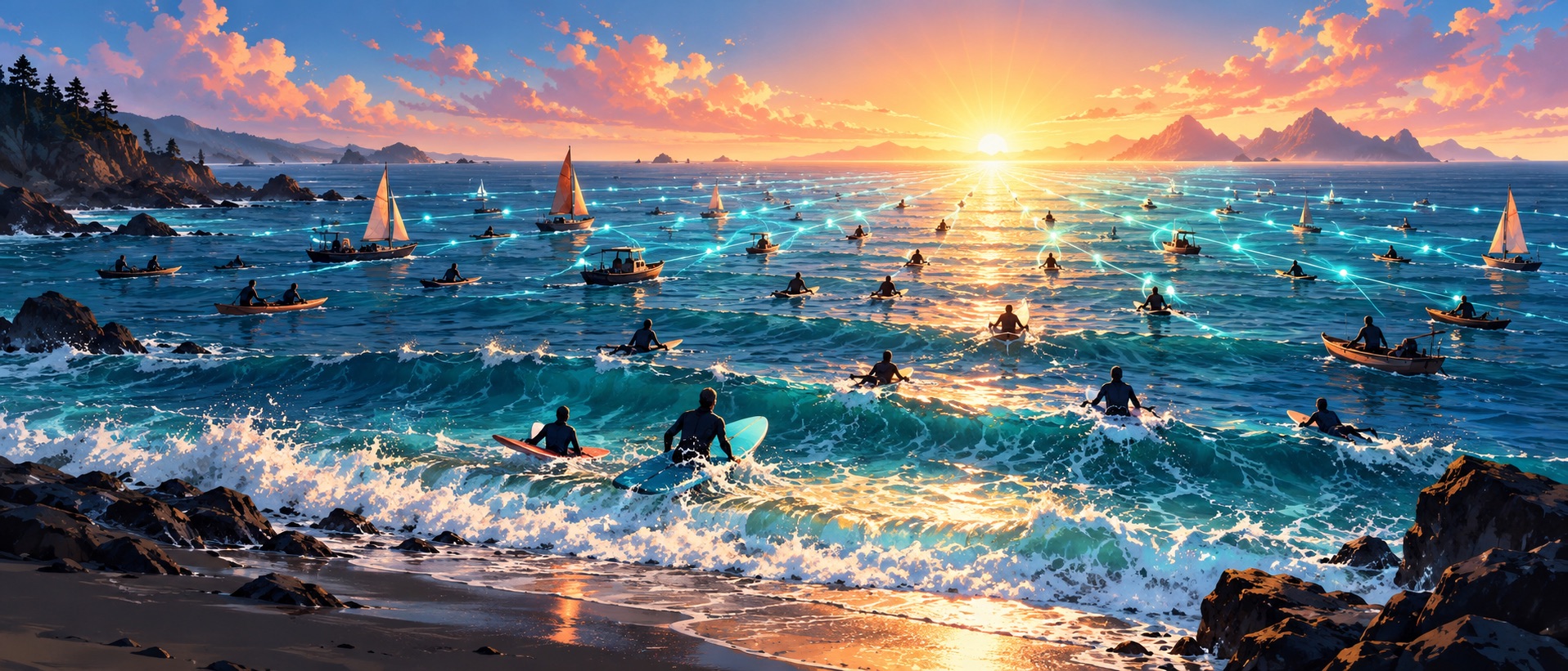 Boats and surfers paddling toward a glowing connected horizon