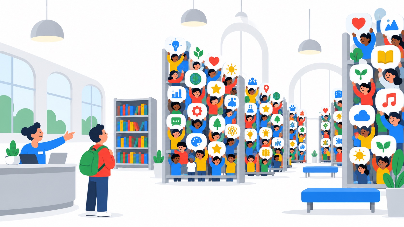 A library where the bookshelves have been replaced by crowds of people holding up speech-bubble icons, as a librarian points a student toward them