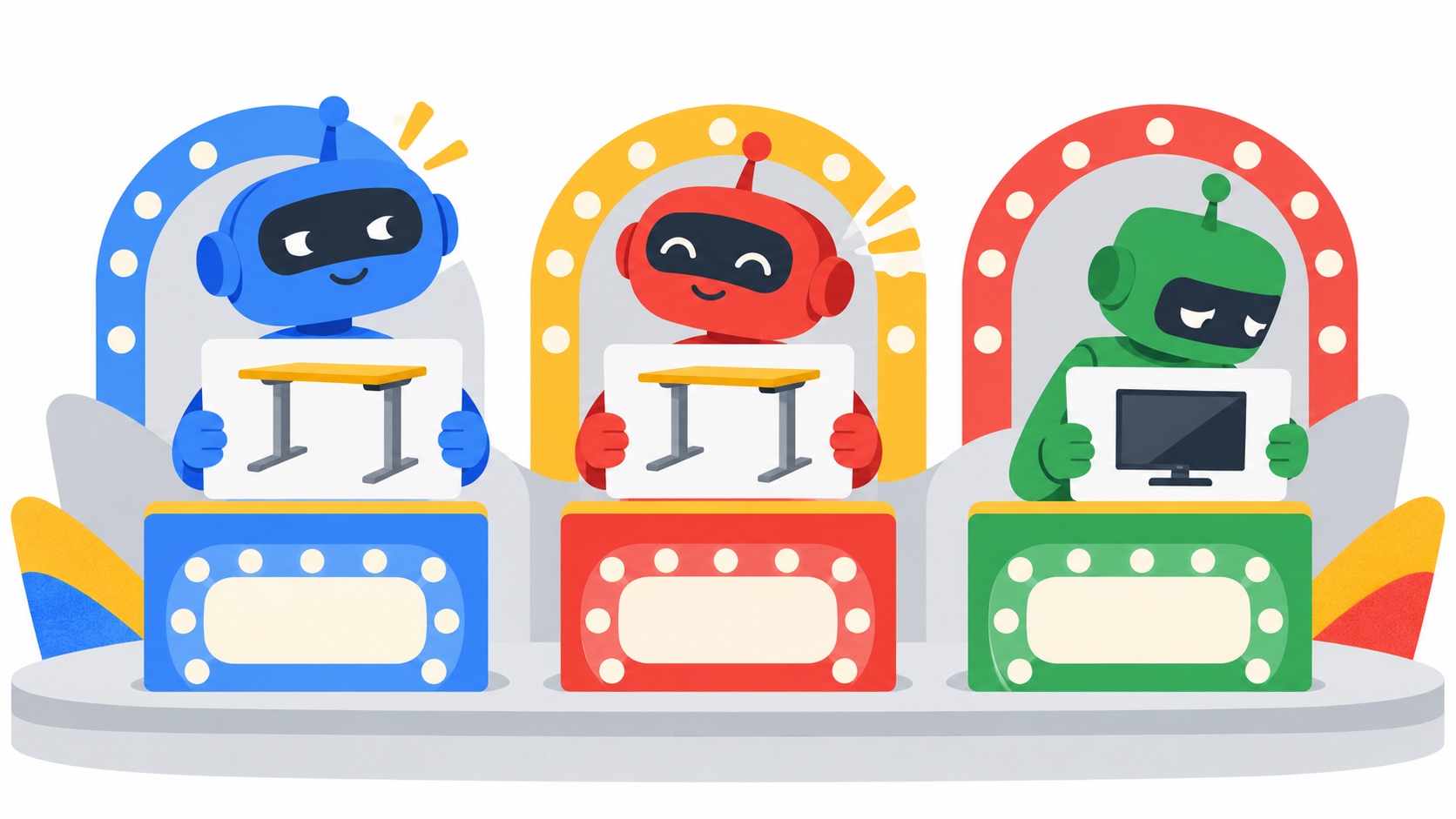 Three robots on a game-show stage: two hold up standing-desk cards while the third holds a TV card and looks away