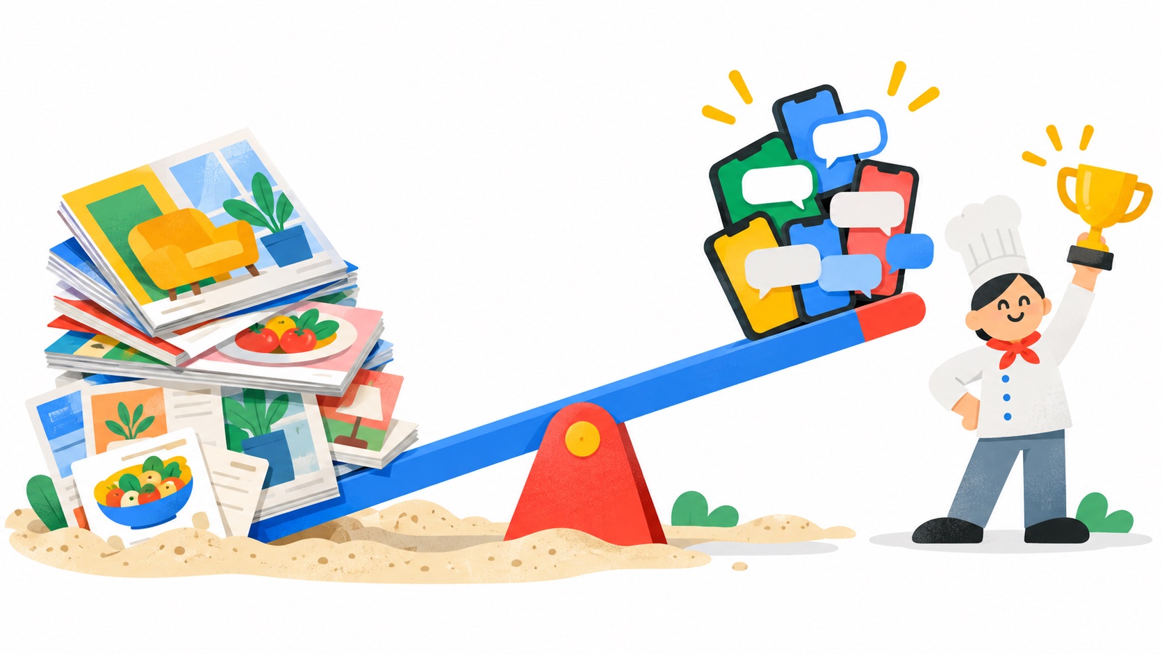 A seesaw with a heavy stack of magazines and recipe cards sinking into the sand while a pile of phones with comment bubbles rises, a chef holding a trophy nearby