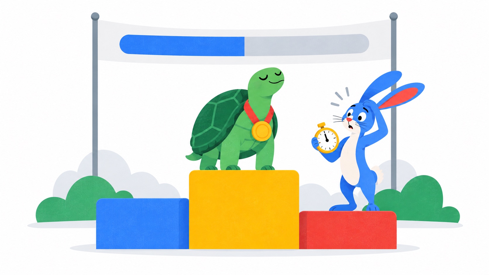 A tortoise wearing a gold medal on the top podium step and a confused hare with a stopwatch on third, under a finish banner shaped like a loading bar