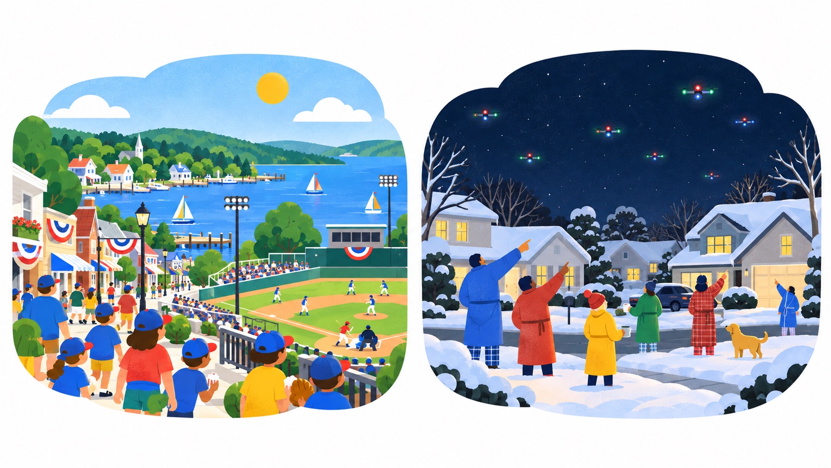 Split scene: a sunny lakeside baseball town in July beside a snowy suburban night where neighbors point at blinking drones