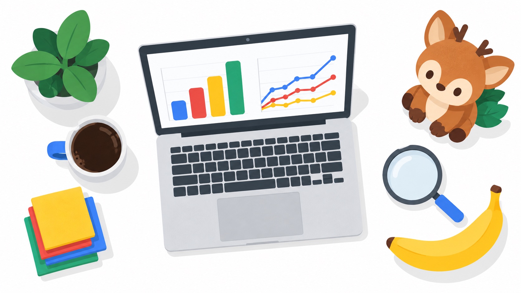 A desk flat lay with a laptop showing charts, coffee, sticky notes, a magnifying glass, a banana and a small plush forest creature