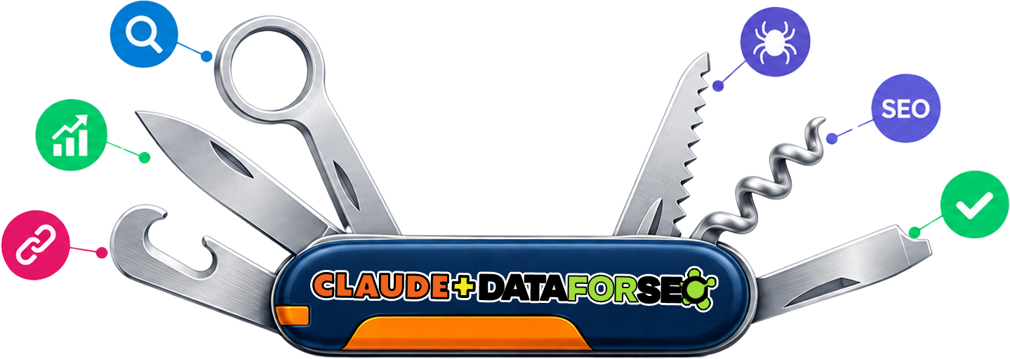 Swiss Army knife with SEO tools labeled Claude + DataForSEO