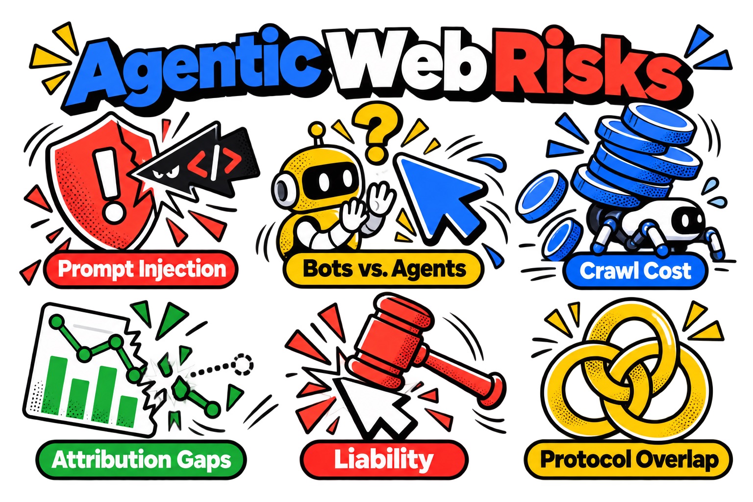 Risks of the agentic web including prompt injection, bot verification, crawl costs and attribution gaps