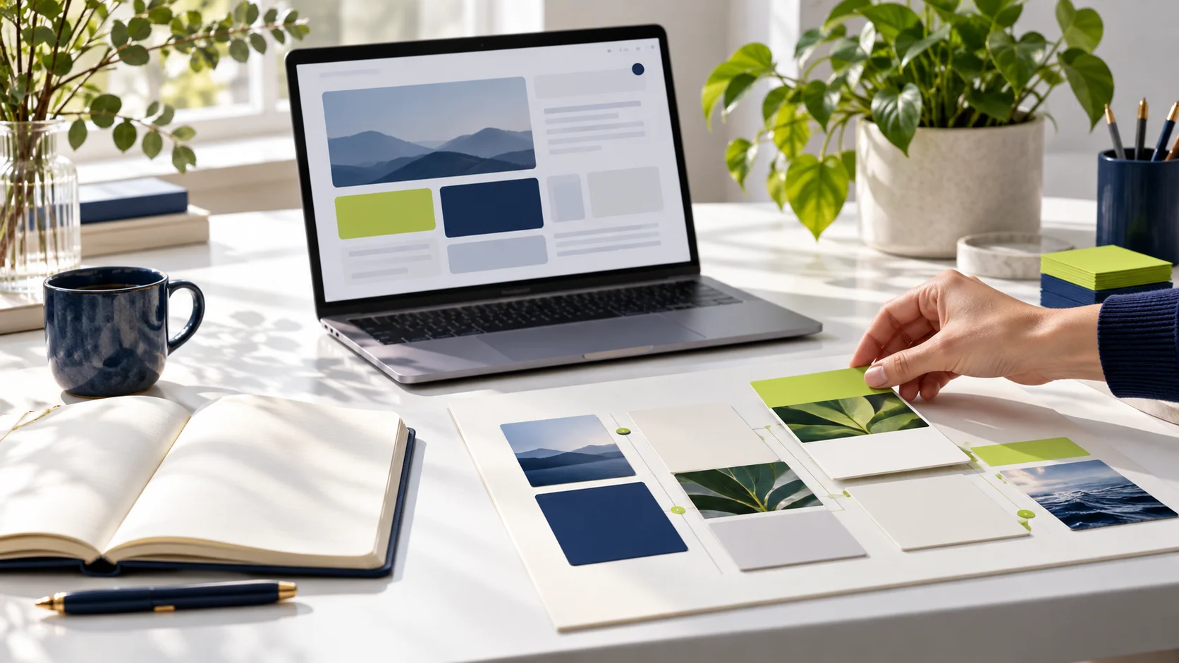 An editor arranging research and content cards beside a laptop
