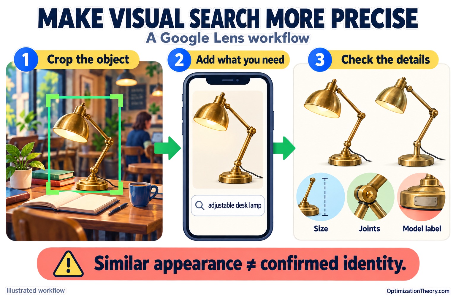 A three-step Google Lens workflow crops a café photo to a desk lamp, adds descriptive words, and compares dimensions, joints, and the model label before identifying a match.