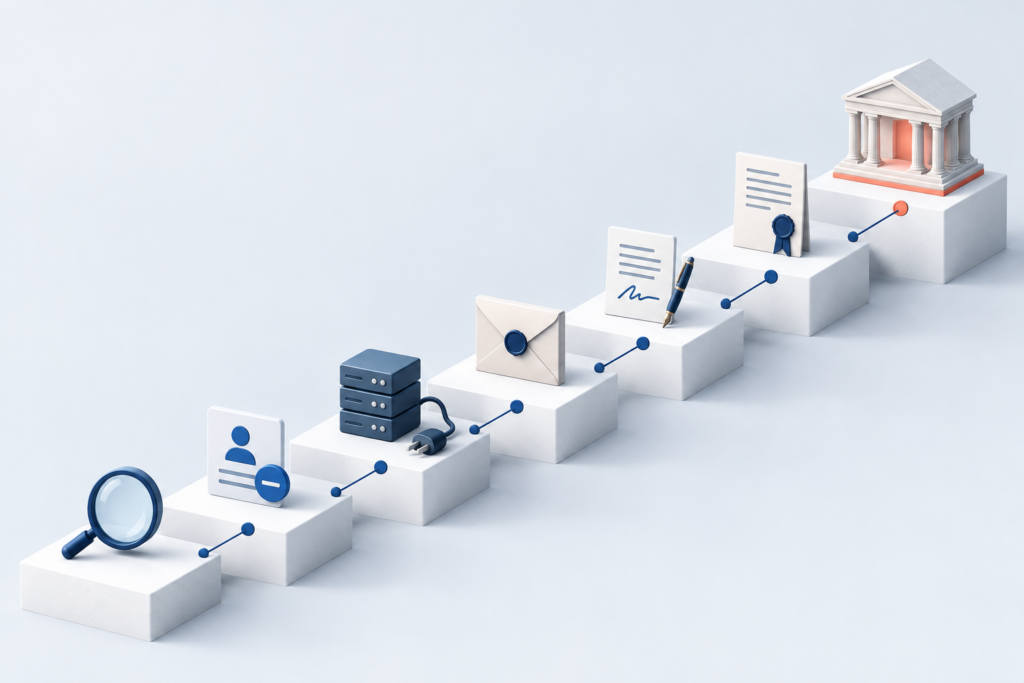 Enforcement ladder illustration: seven steps from research exposure and platform action up to indictment and a criminal sentence at a courthouse.