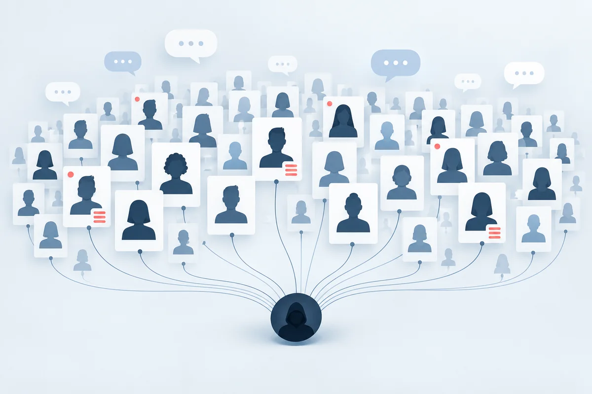 Conceptual illustration of many apparent individual profiles connected to a common control node.