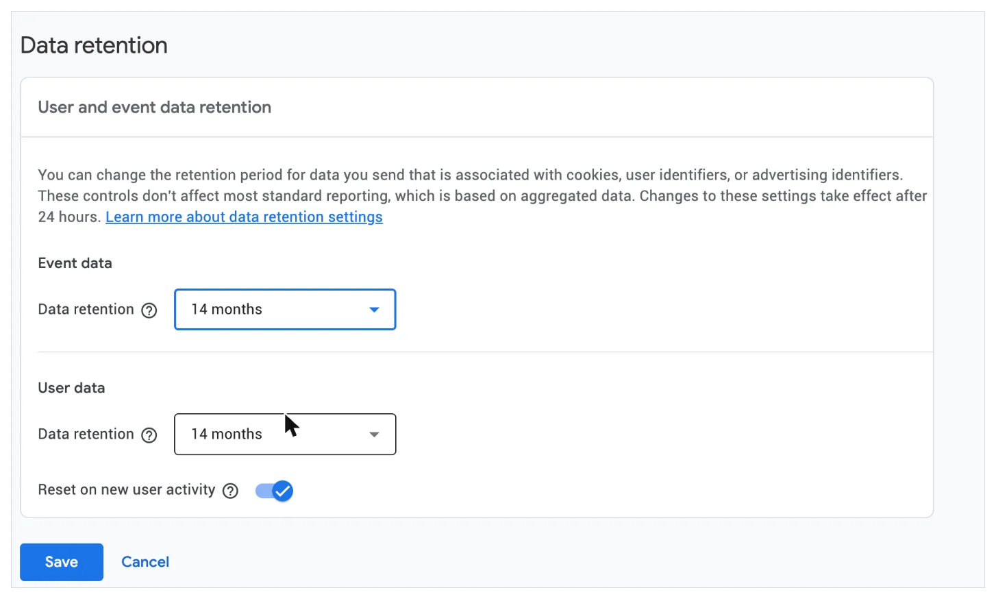 GA4 data retention settings with event data retention set to 14 months