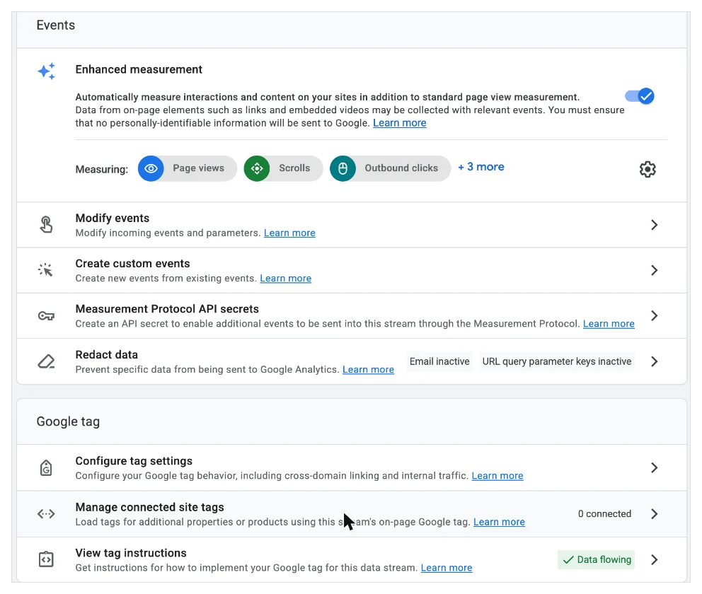 GA4 web stream details showing enhanced measurement and Google tag settings