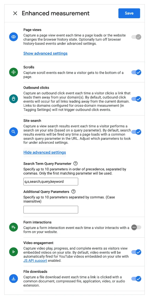 GA4 enhanced measurement panel with form interactions turned off
