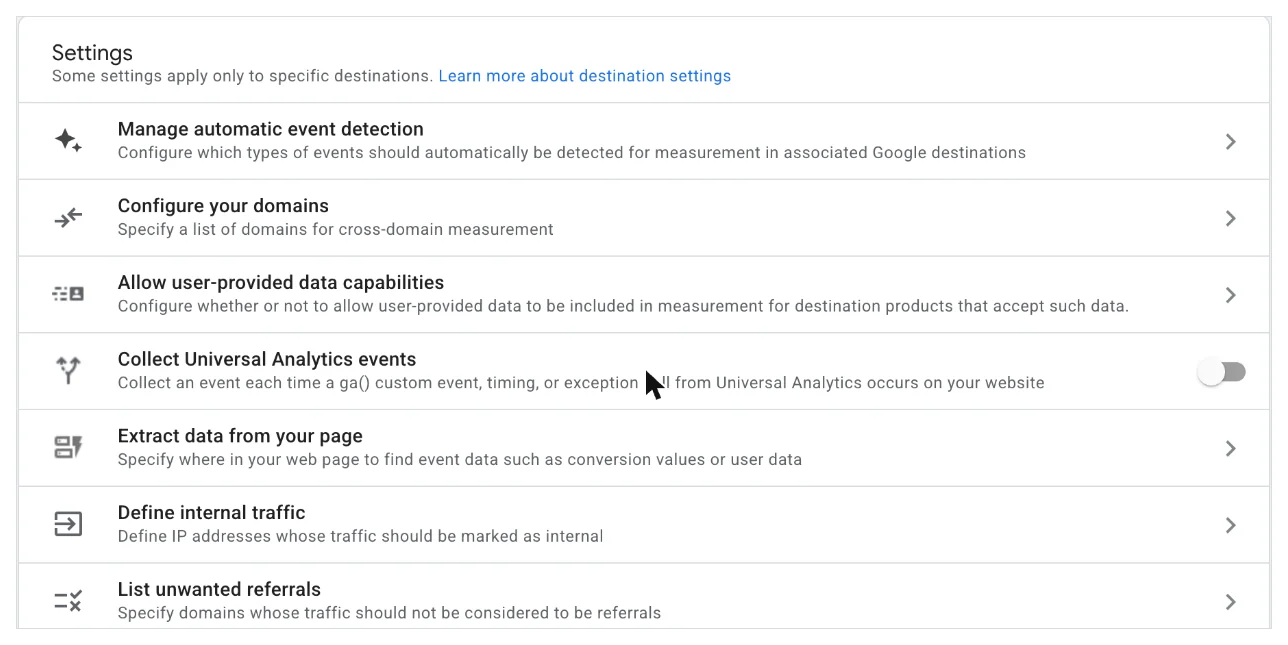 Google tag settings menu in GA4 showing define internal traffic and list unwanted referrals