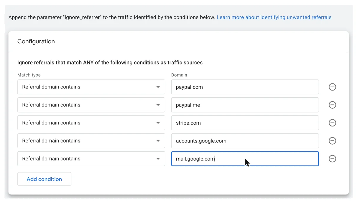 GA4 unwanted referrals list with PayPal, Stripe and Google account domains