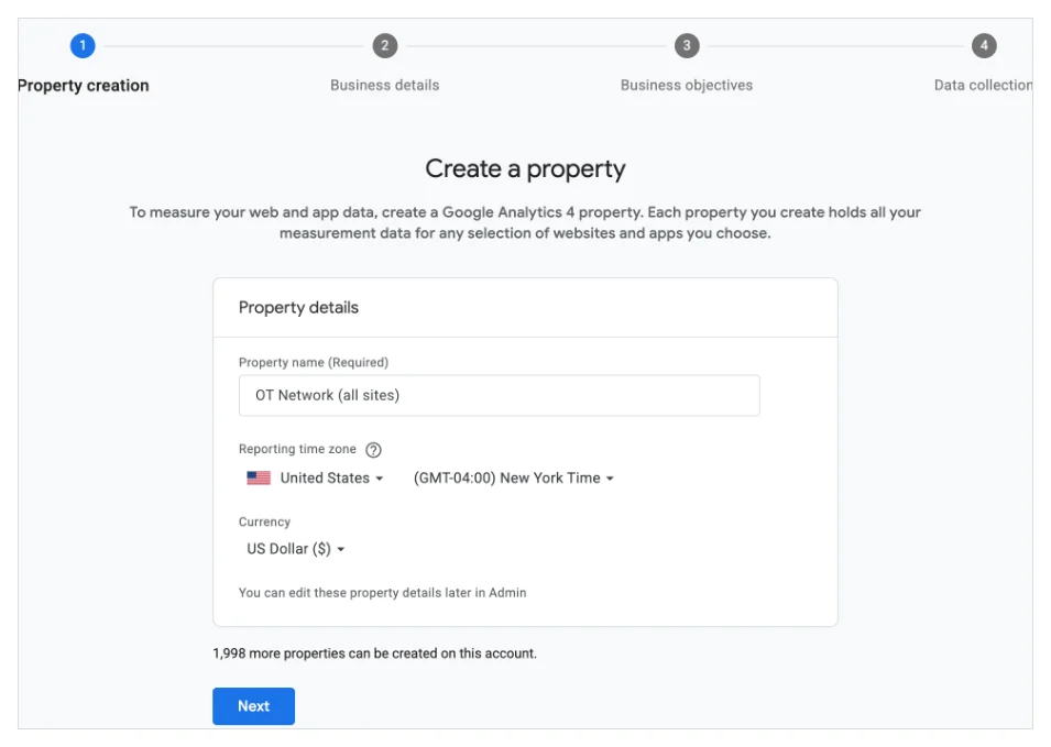 Creating a new GA4 property named OT Network all sites with New York time zone