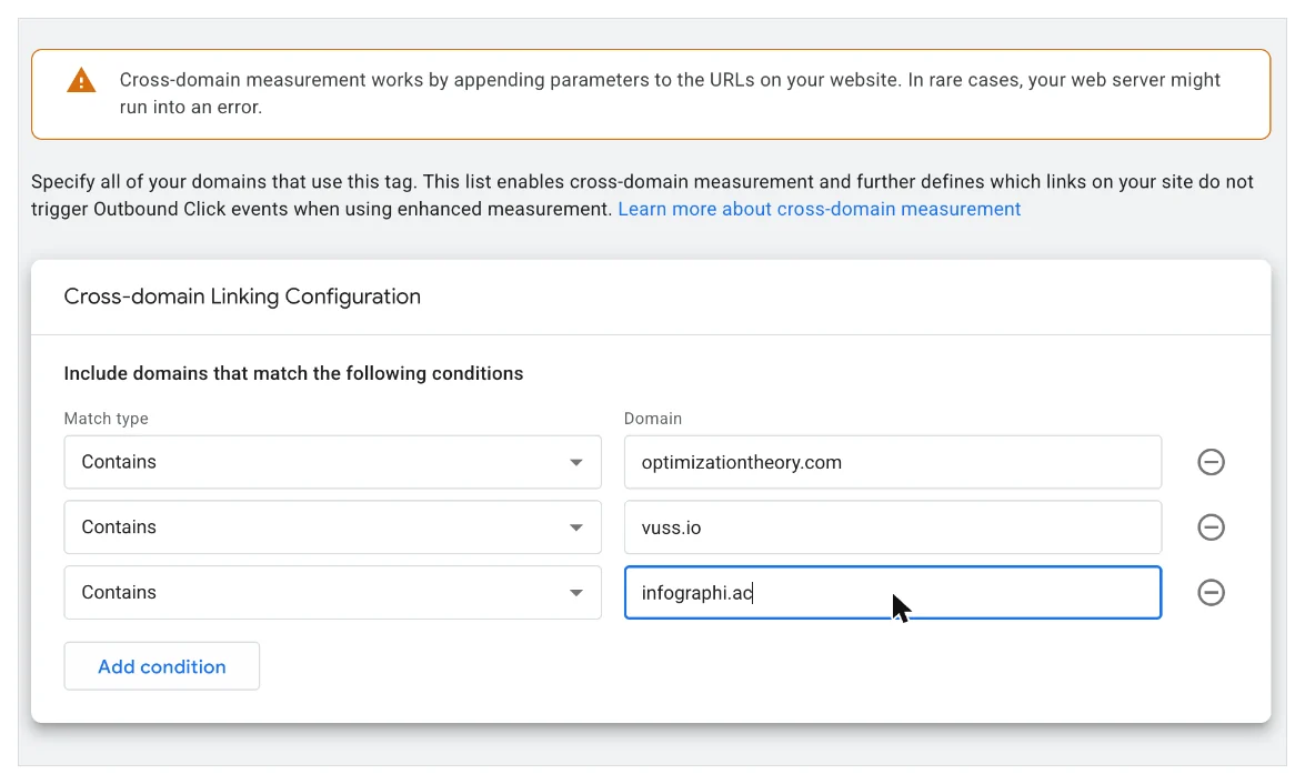 GA4 cross-domain measurement configured for three domains
