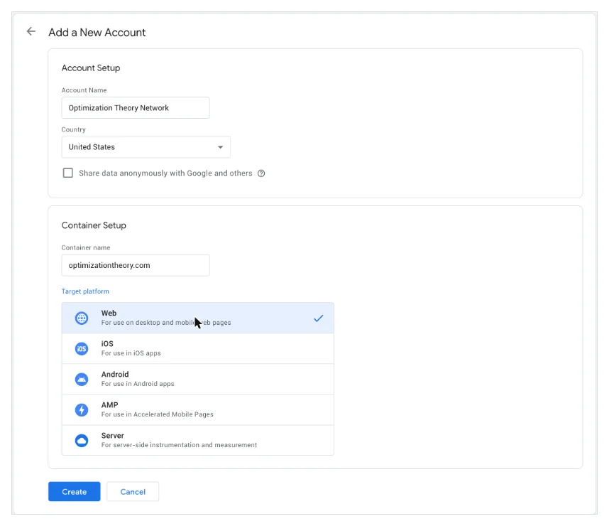 Google Tag Manager add a new account screen with a web container